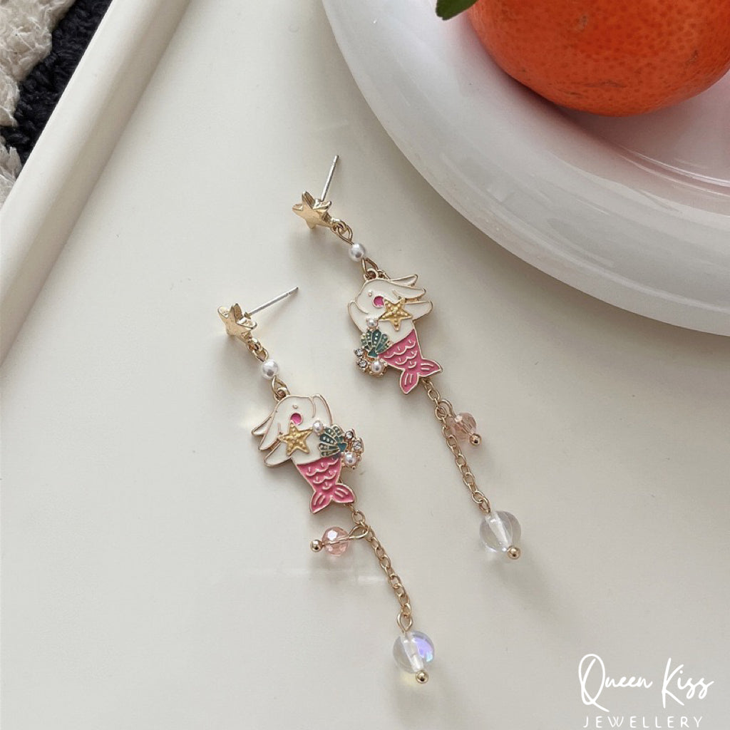 Super Cute Rabbit Bunny Playing Little Mermaid Ocean Theme Earrings -- Love You To The Deep Ocean and Back!!