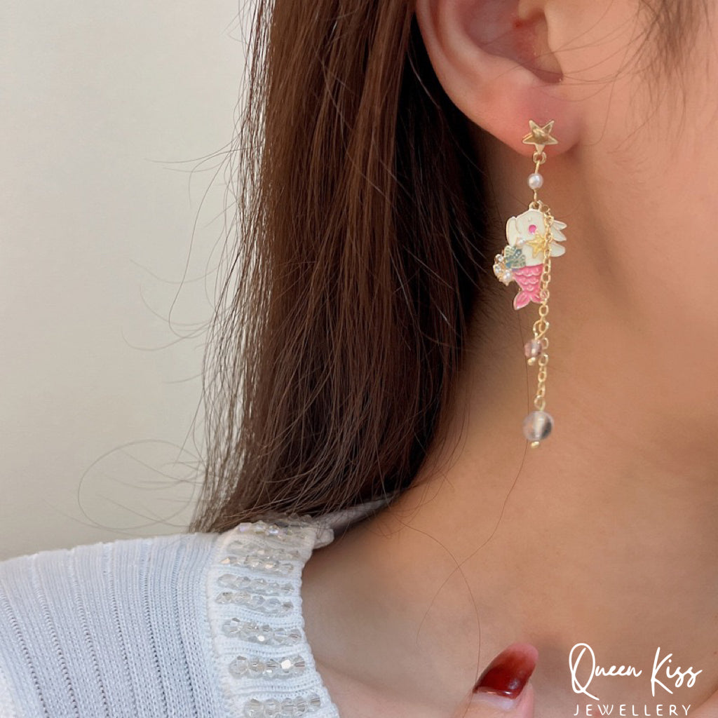 Super Cute Rabbit Bunny Playing Little Mermaid Ocean Theme Earrings -- Love You To The Deep Ocean and Back!!