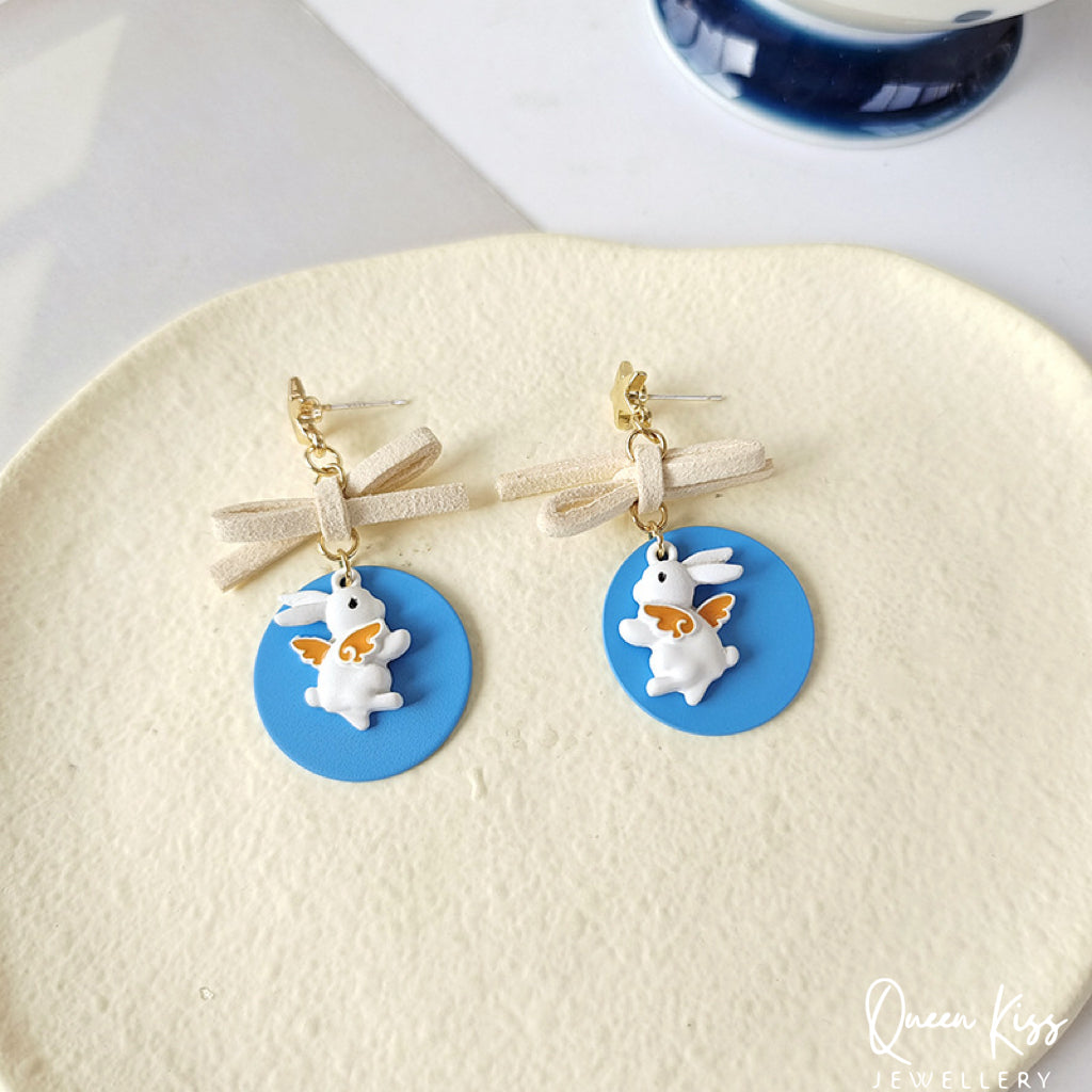 Super Cute Blue Flying Bunny and Bowknot Love Earrings -- Now and Forever!!