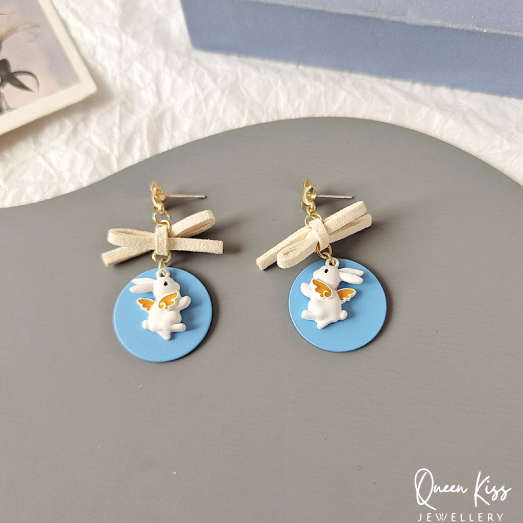 Super Cute Blue Flying Bunny and Bowknot Love Earrings -- Now and Forever!!