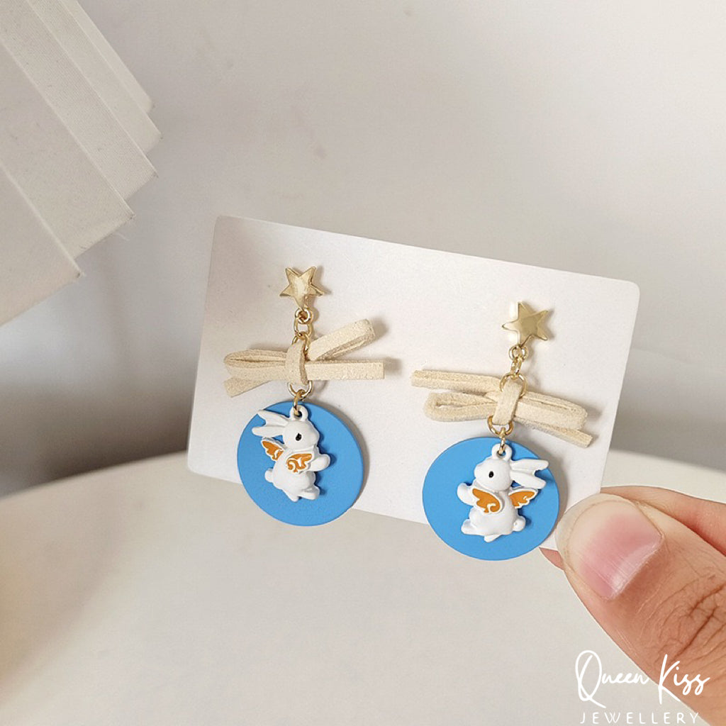 Super Cute Blue Flying Bunny and Bowknot Love Earrings -- Now and Forever!!