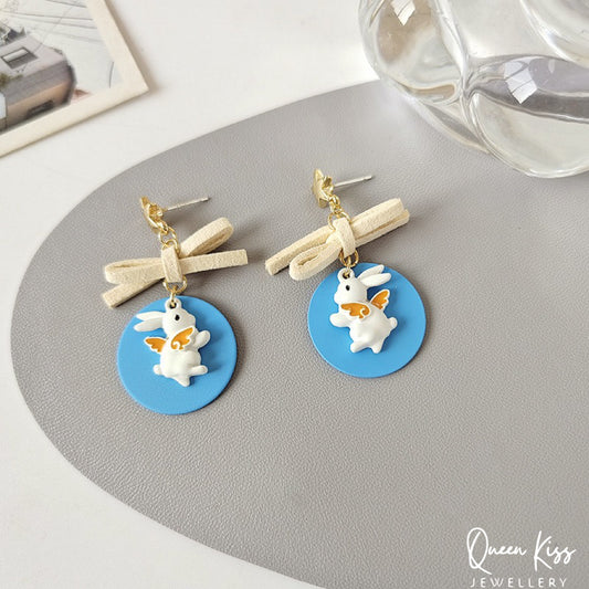 Super Cute Blue Flying Bunny and Bowknot Love Earrings -- Now and Forever!!