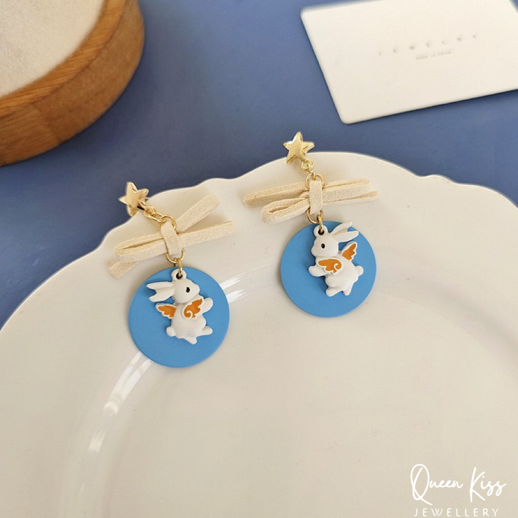 Super Cute Blue Flying Bunny and Bowknot Love Earrings -- Now and Forever!!