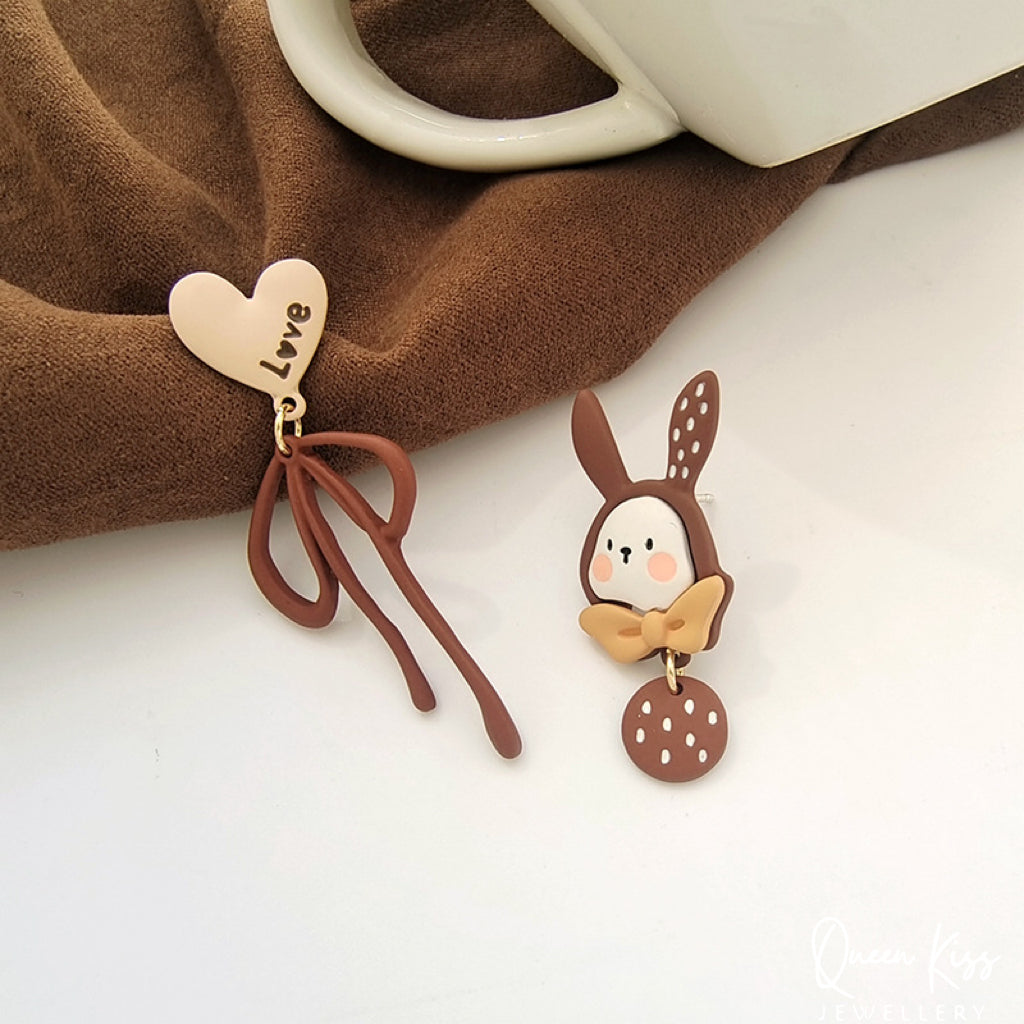 Super Cute Brown Bunny and Heart Bowknot Love Earrings -- Wonderful Life!!
