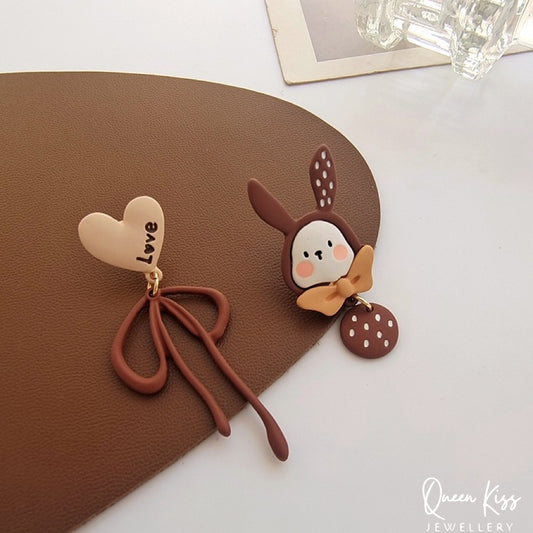 Super Cute Brown Bunny and Heart Bowknot Love Earrings -- Wonderful Life!!