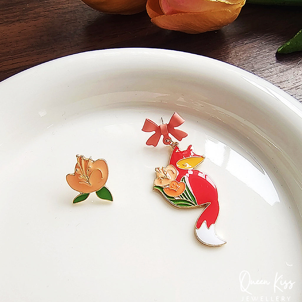 Super Cute Japanese Style Fox and the Favourite Flower Earrings -- Sakura Foxy!!