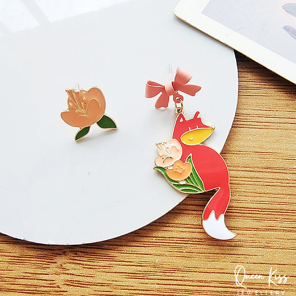 Super Cute Japanese Style Fox and the Favourite Flower Earrings -- Sakura Foxy!!