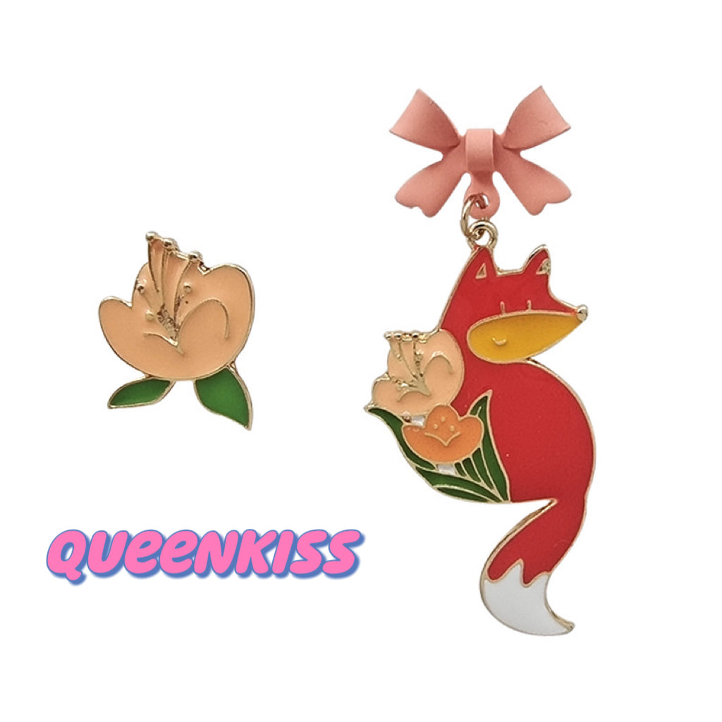 Super Cute Japanese Style Fox and the Favourite Flower Earrings -- Sakura Foxy!!