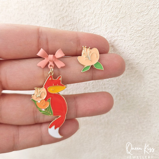 Super Cute Japanese Style Fox and the Favourite Flower Earrings -- Sakura Foxy!!