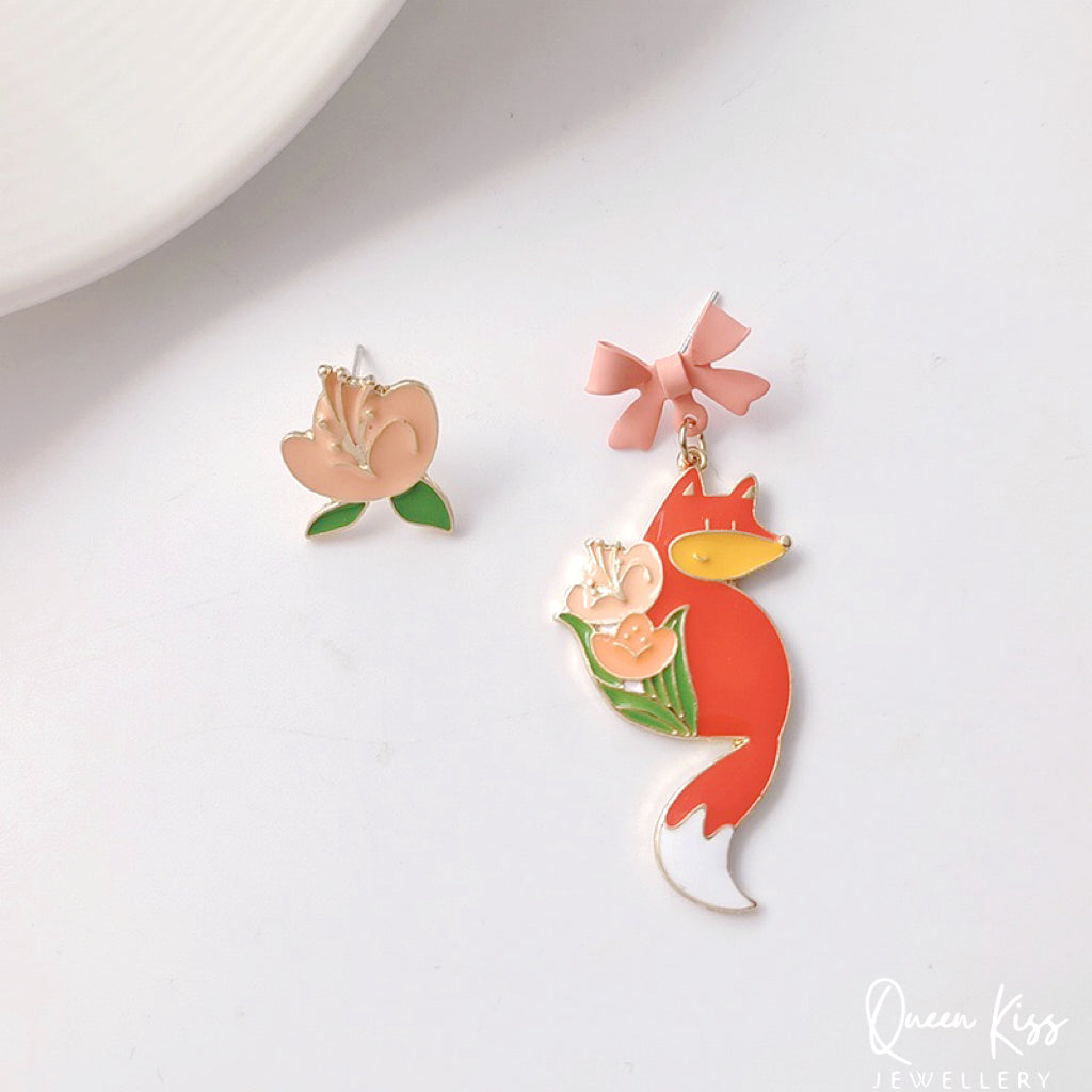 Super Cute Japanese Style Fox and the Favourite Flower Earrings -- Sakura Foxy!!