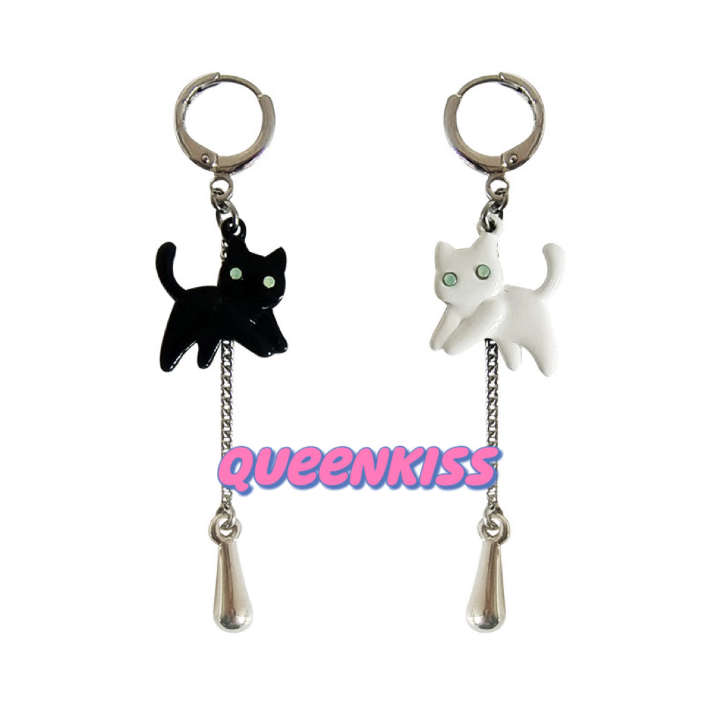 Super Cute White and Black Cat Kitty Earrings -- Black and White!!