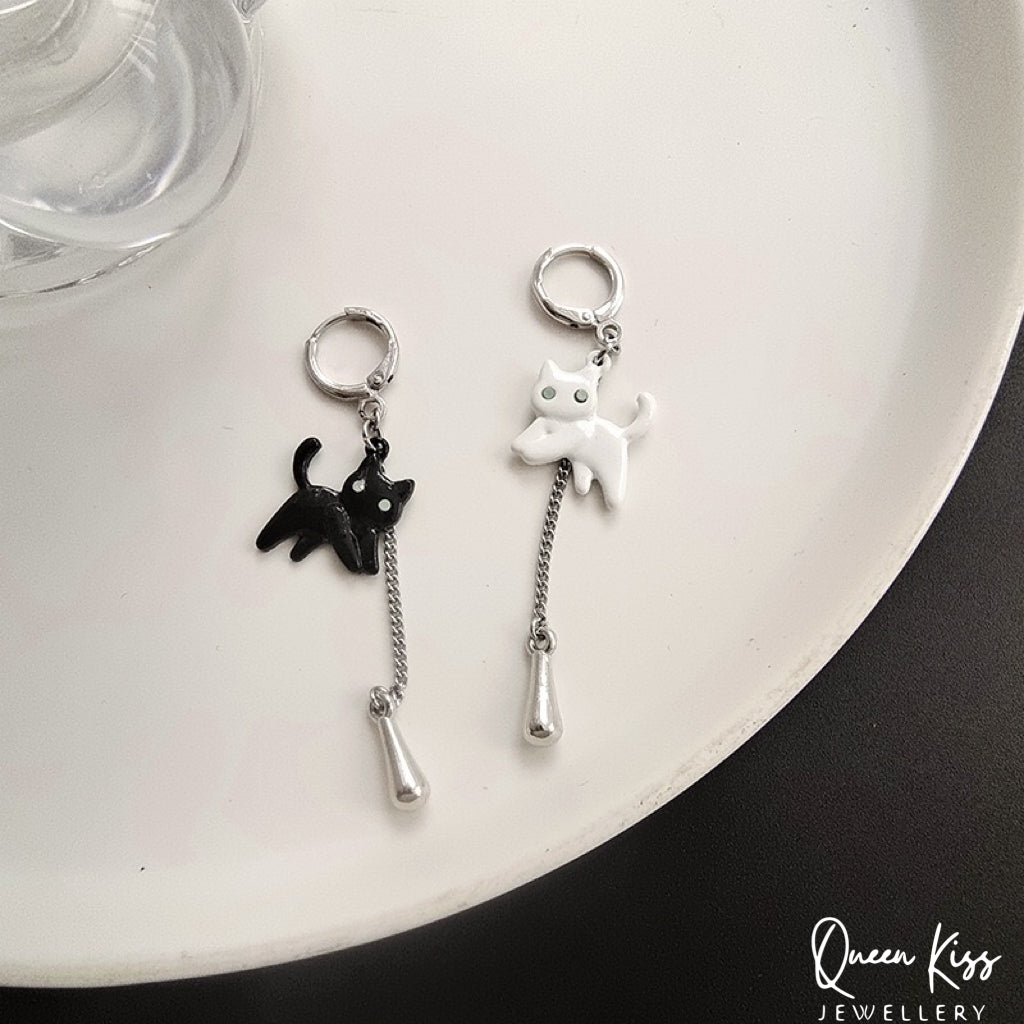 Super Cute White and Black Cat Kitty Earrings -- Black and White!!