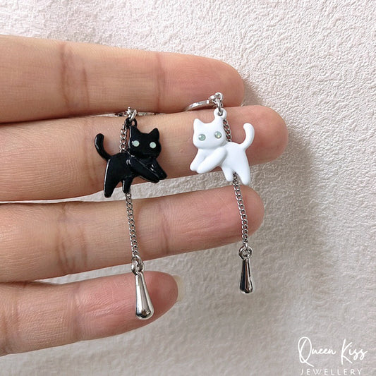 Super Cute White and Black Cat Kitty Earrings -- Black and White!!