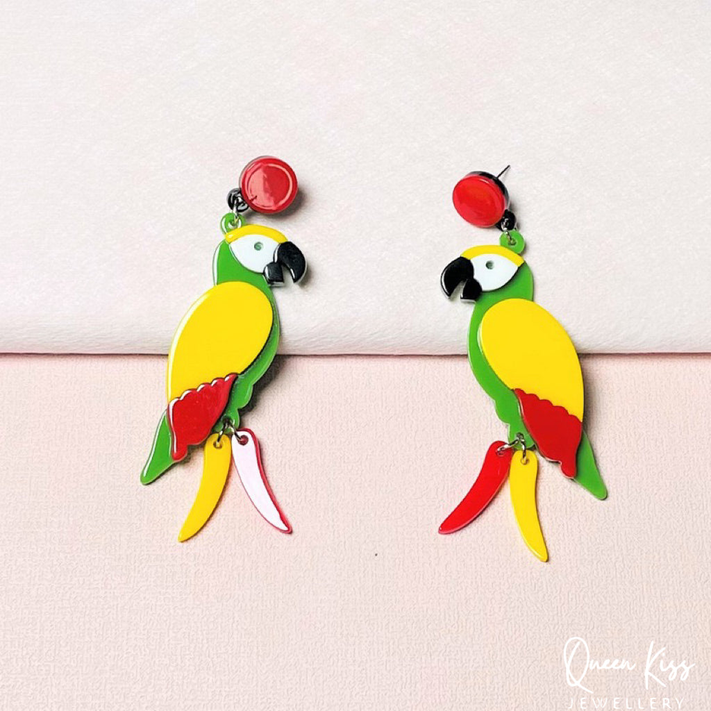 Cute Parrot Yellow Green Red Forest Style Earrings - Wild Life!!