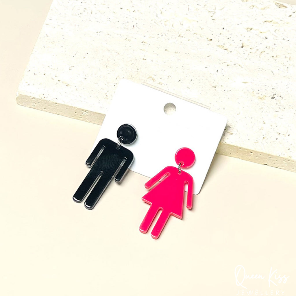 Cute Light Trendy Quirky Pink Girl and Black Boy Earrings - Boy and Girl!!