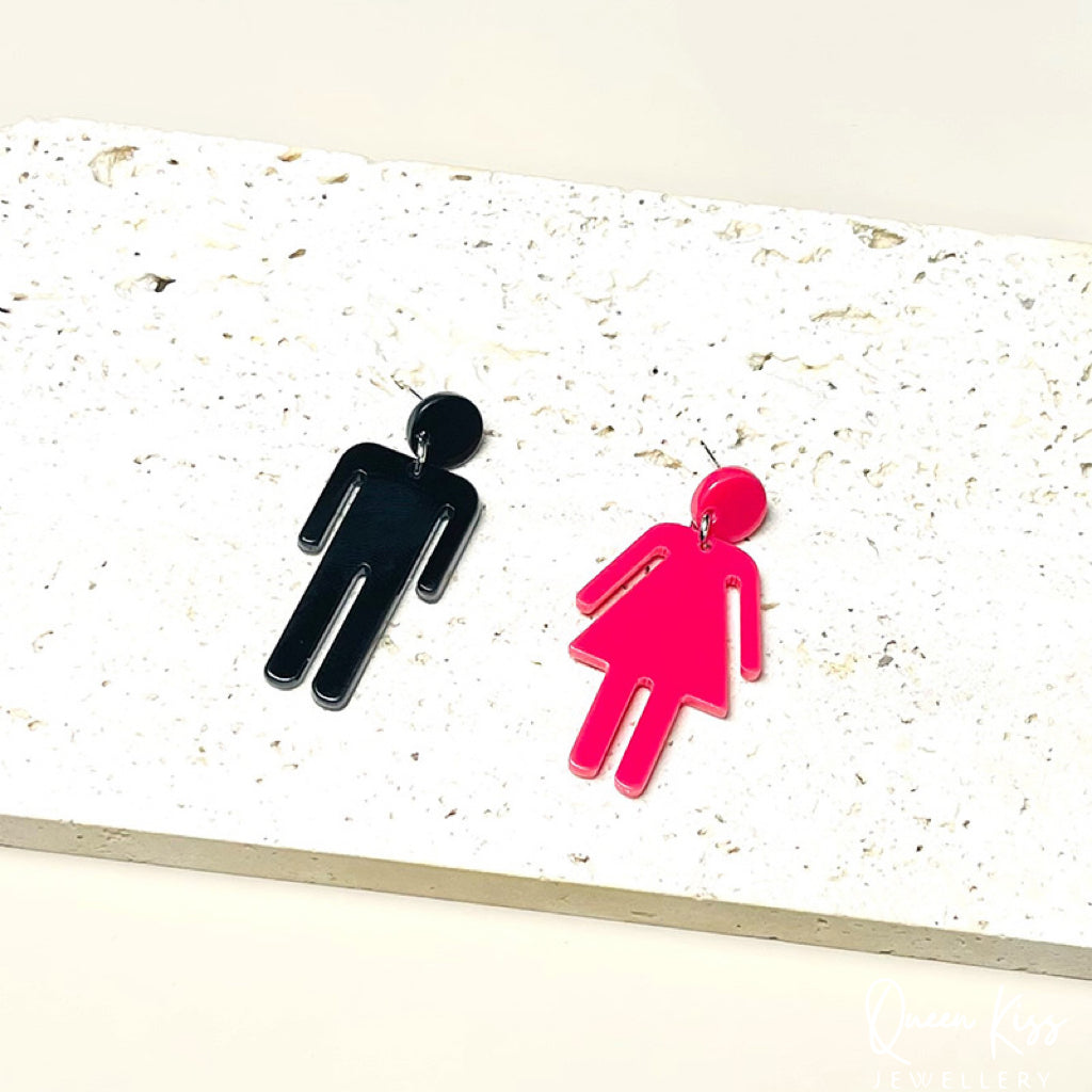Cute Light Trendy Quirky Pink Girl and Black Boy Earrings - Boy and Girl!!