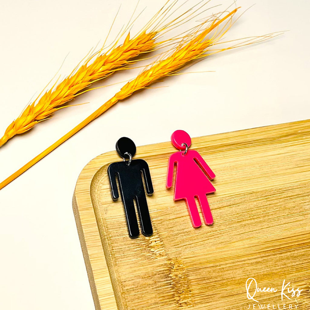 Cute Light Trendy Quirky Pink Girl and Black Boy Earrings - Boy and Girl!!