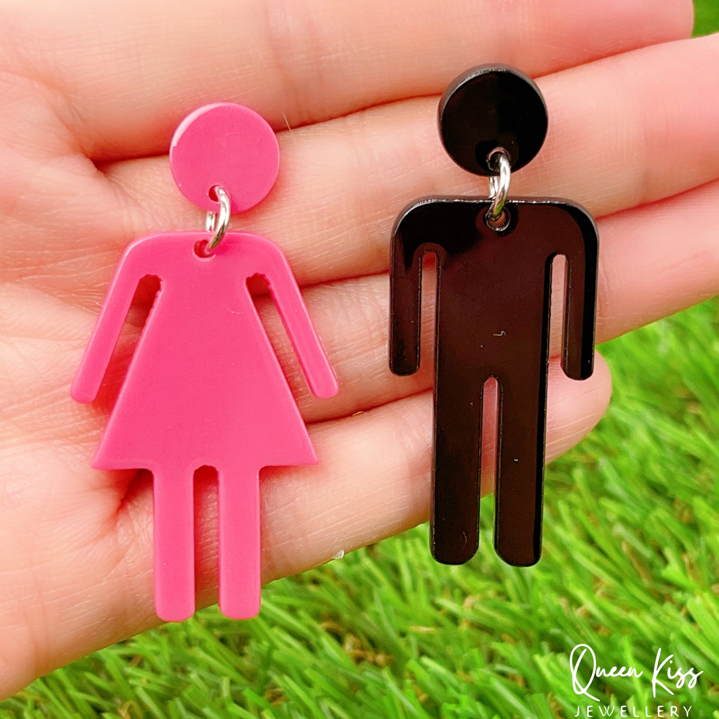 Cute Light Trendy Quirky Pink Girl and Black Boy Earrings - Boy and Girl!!