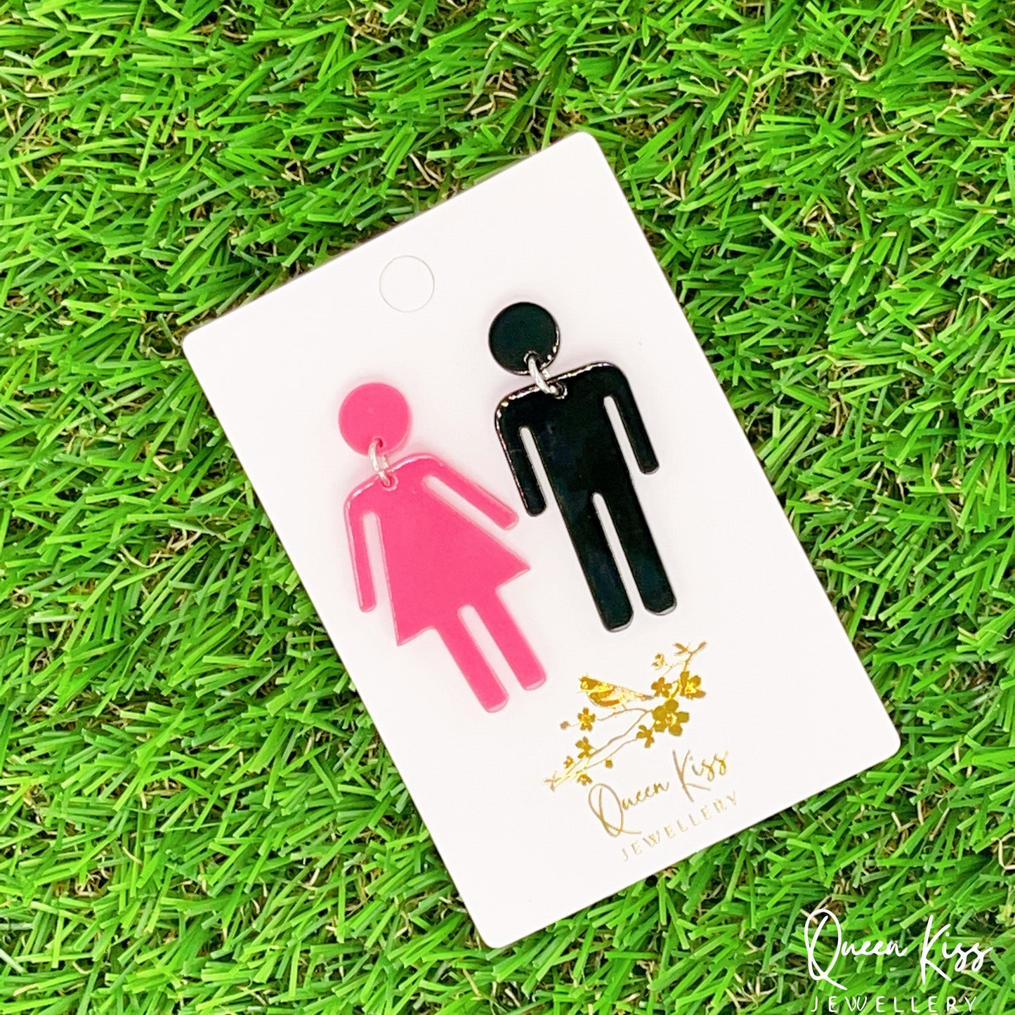 Cute Light Trendy Quirky Pink Girl and Black Boy Earrings - Boy and Girl!!