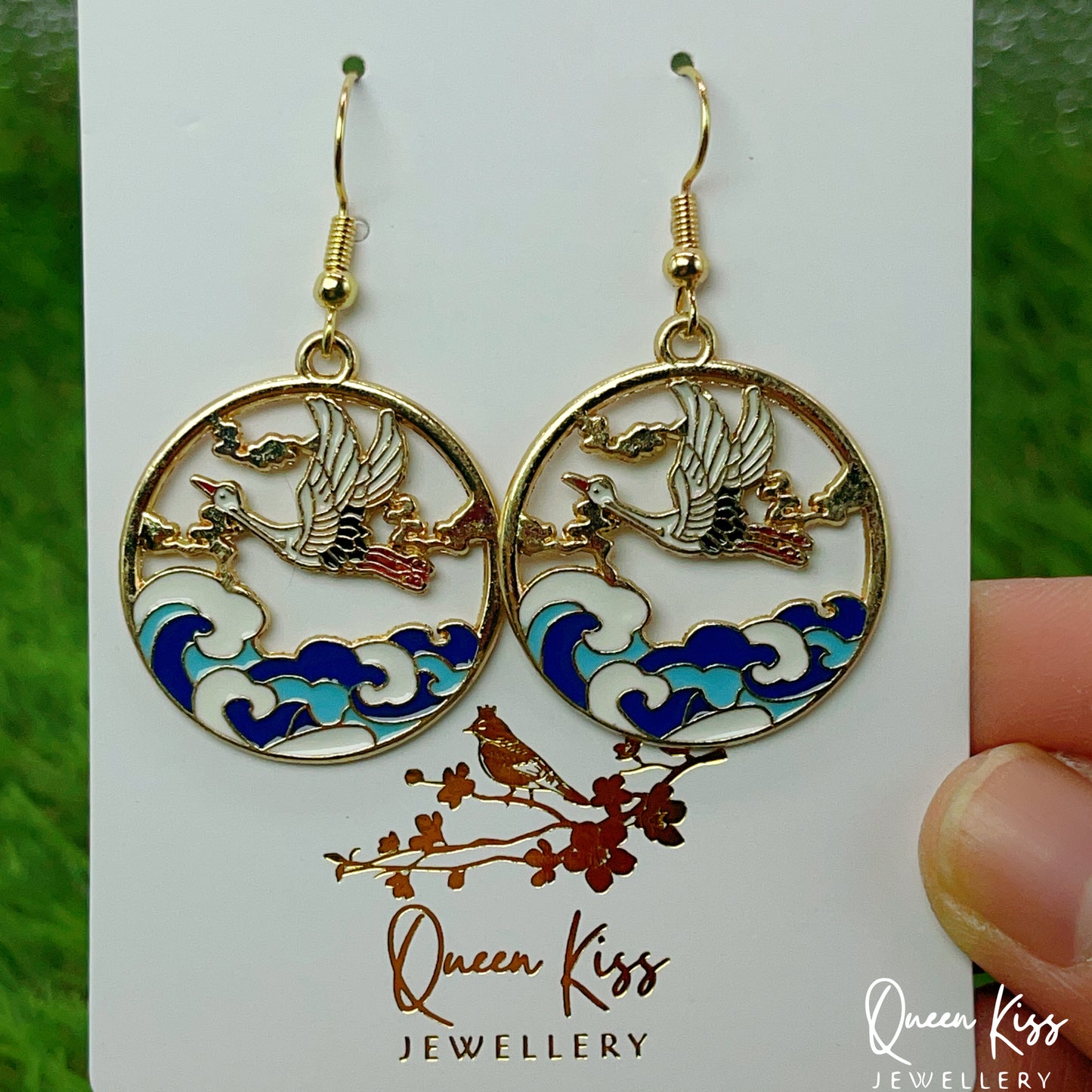 Super Cute Japanese Style Crane Flying Over Ocean Earrings -- Pretty Crane!!