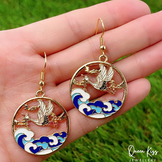 Super Cute Japanese Style Crane Flying Over Ocean Earrings -- Pretty Crane!!