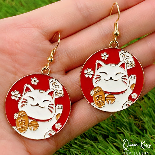 Super Cute Japanese Style Lucky Cat Kitty Earrings -- Konichiwa Kitty!!