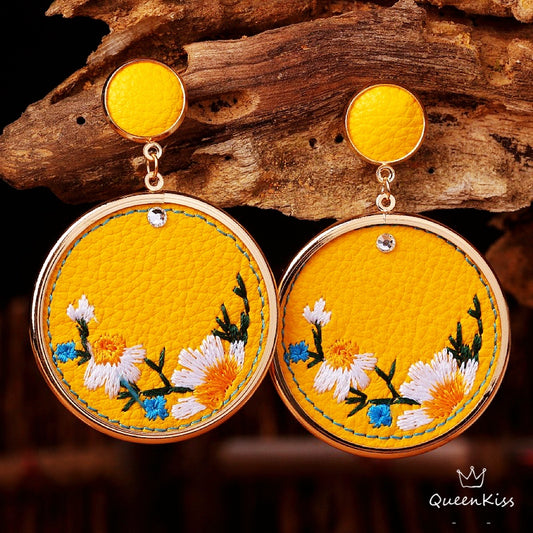 New design Embroidered Flowers Leather Yellow and White Circle Embroidered Earrings -- Blossom Season!!