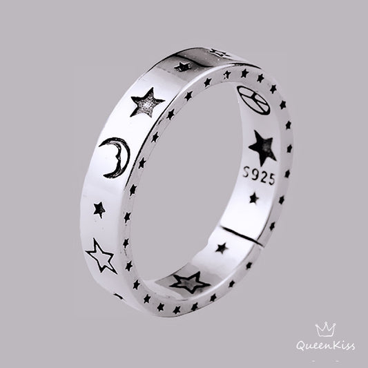 Vintage Star Moon Smiley Face Adjustable Silver Ring