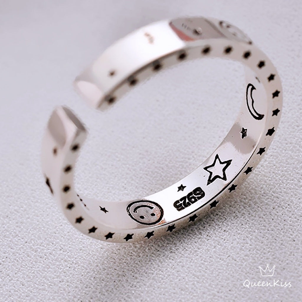 Vintage Star Moon Smiley Face Adjustable Silver Ring