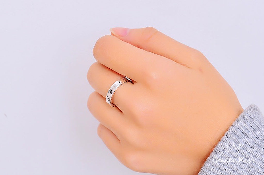 Vintage Star Moon Smiley Face Adjustable Silver Ring