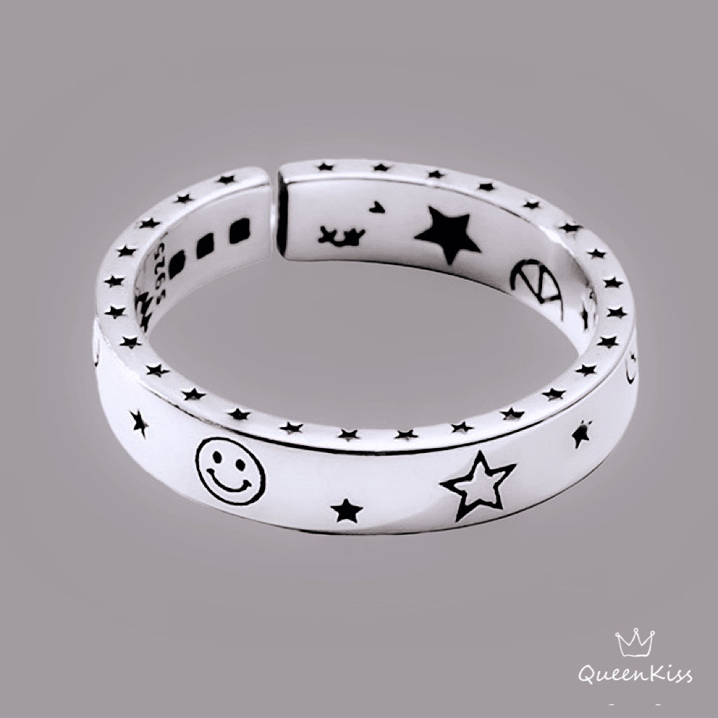 Vintage Star Moon Smiley Face Adjustable Silver Ring
