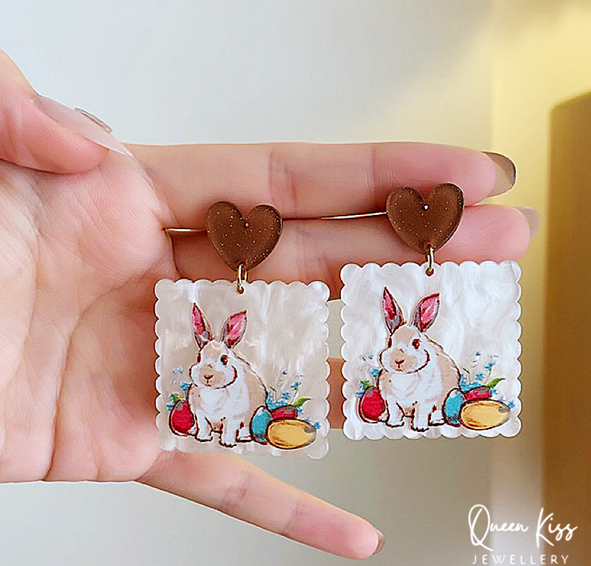 Cute Light Trendy Adorable Acrylic Bunny Rabit And Heart Earrings - Bunny Baby!!