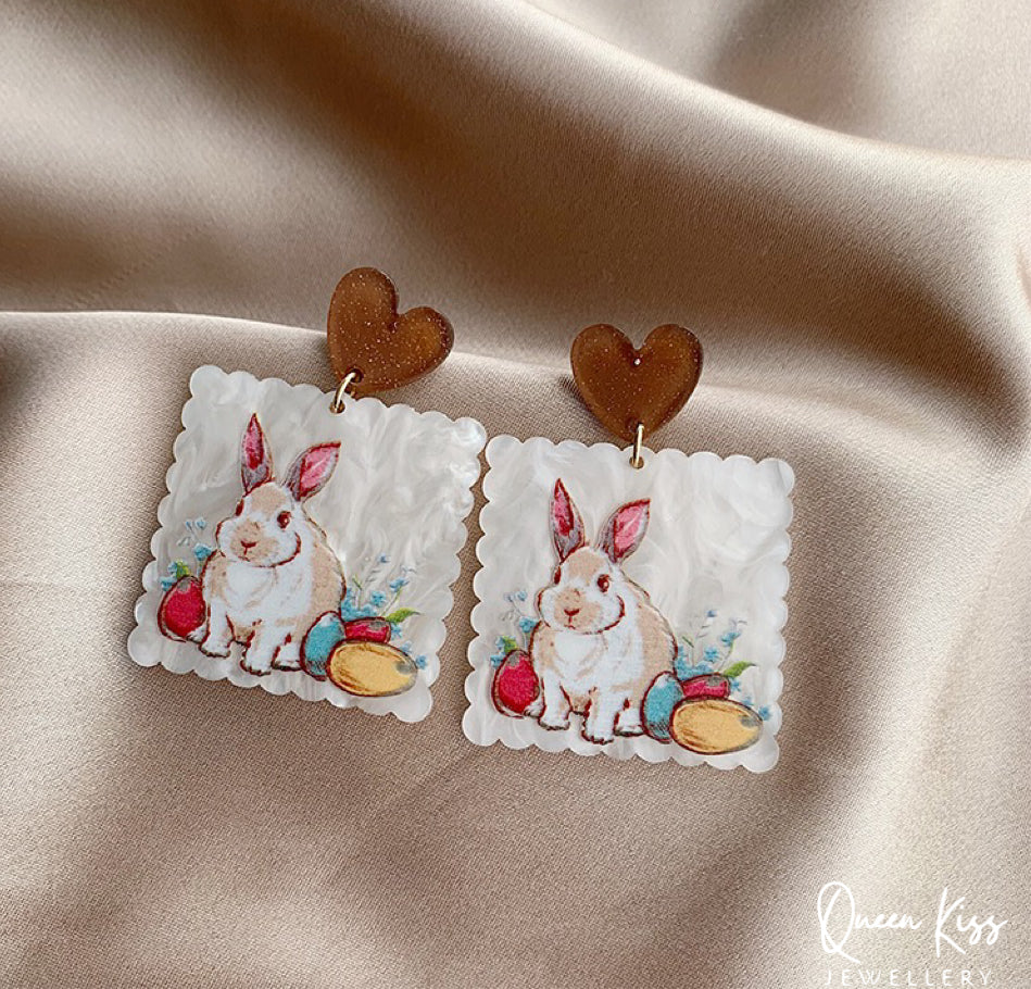 Cute Light Trendy Adorable Acrylic Bunny Rabit And Heart Earrings - Bunny Baby!!