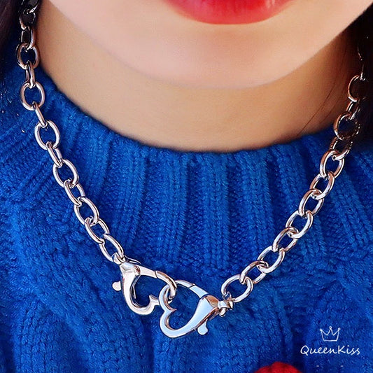 Funky Punk Stainless Steel Double Hearts Hook Up Cool Chains Metal Piece Silver Necklace --  You Are Blue!!