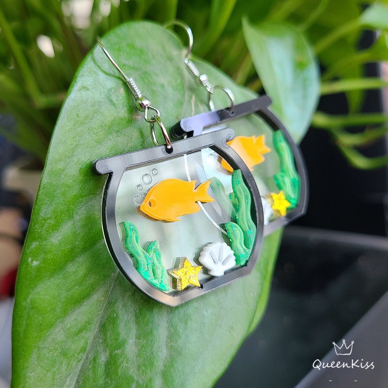 Cute Light Trendy Fish Tank and Orange Swimming Fish Earrings - Glub Buddy!!