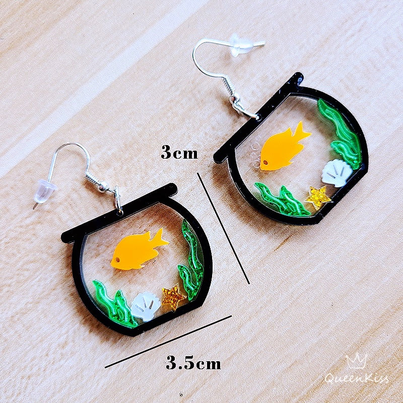 Cute Light Trendy Fish Tank and Orange Swimming Fish Earrings - Glub Buddy!!