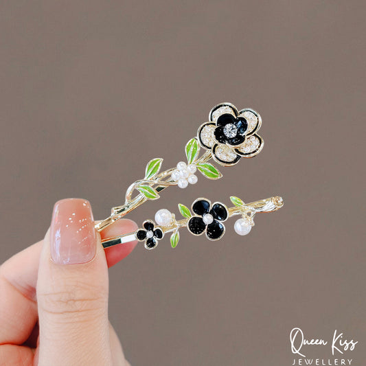 Stainless Steel Gem Flower Floral and Freshwater Pearl Hair Clip for Kid Baby Girl Woman Sold as Set of Two
