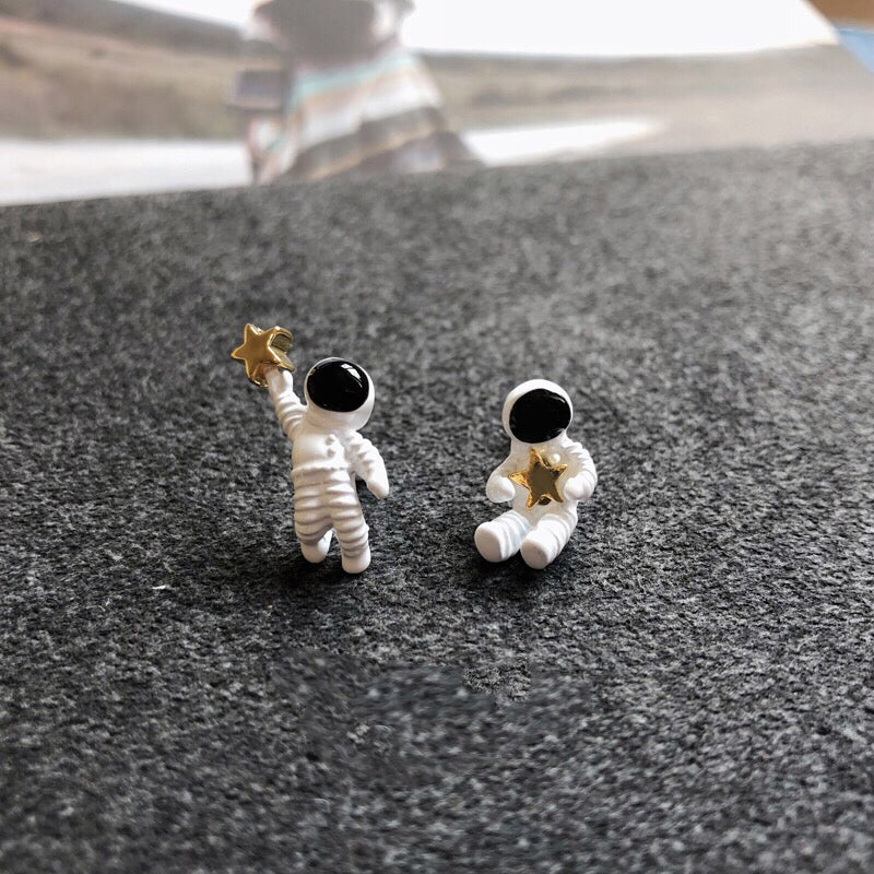 Best Seller S925 Sterling Silver Cute Couple Spacemen Buddy Astronaut Stars Stud Piercing and Clip on Earrings - Let's fly to the moon!!