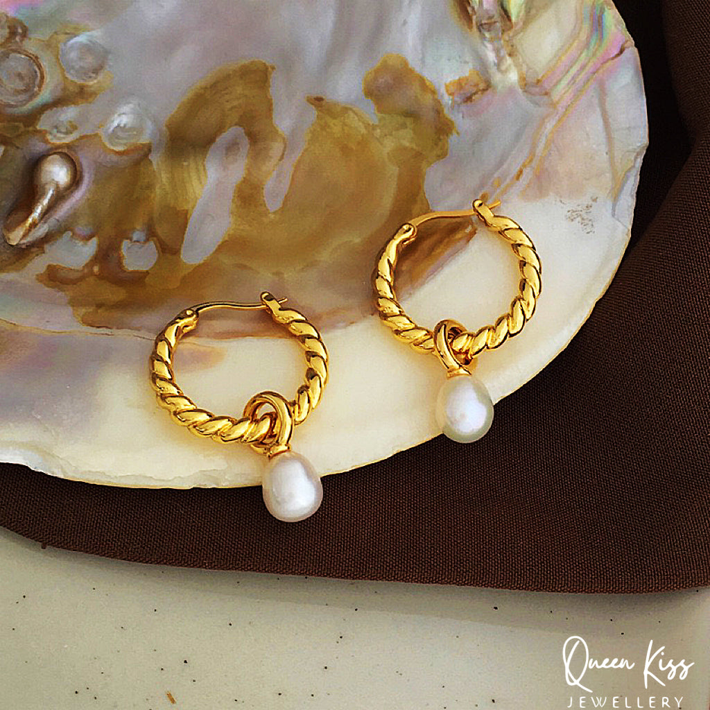 18 Karat Gold Plated Sterling Silver Freshwater Pearl Gold Dangle Earrings