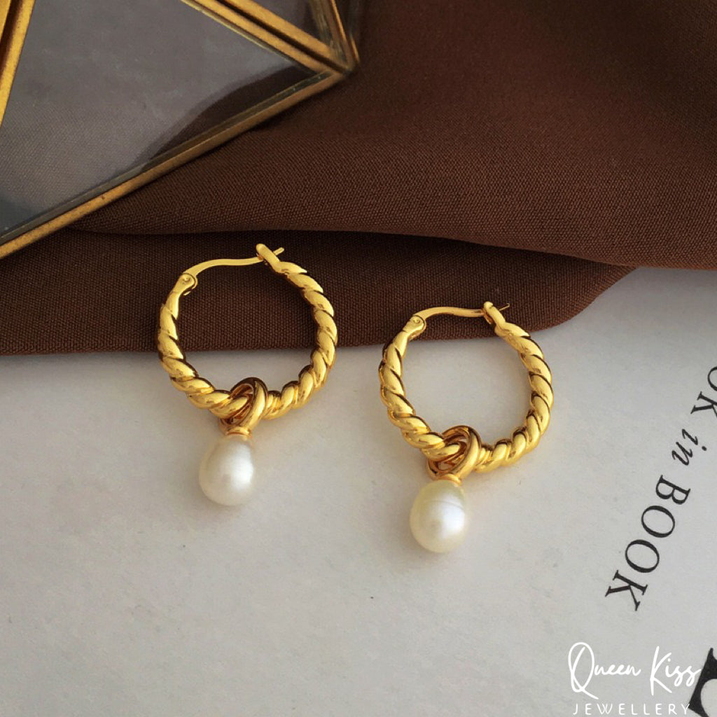 18 Karat Gold Plated Sterling Silver Freshwater Pearl Gold Dangle Earrings