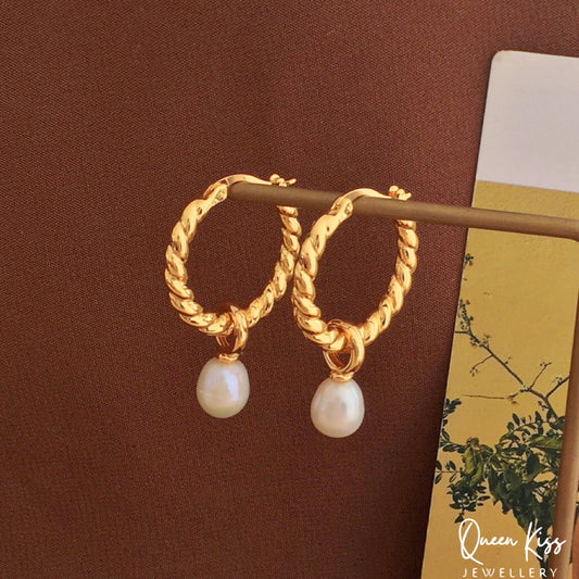 18 Karat Gold Plated Sterling Silver Freshwater Pearl Gold Dangle Earrings