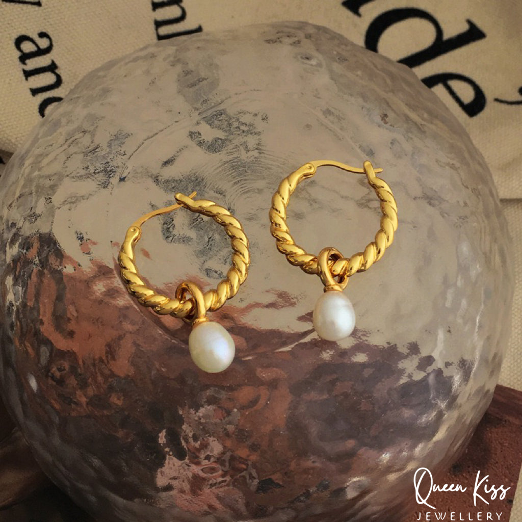 18 Karat Gold Plated Sterling Silver Freshwater Pearl Gold Dangle Earrings