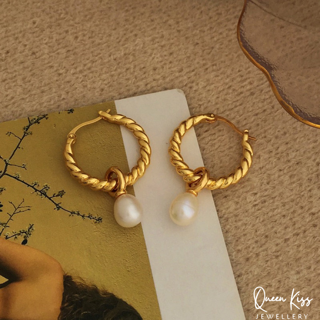 18 Karat Gold Plated Sterling Silver Freshwater Pearl Gold Dangle Earrings