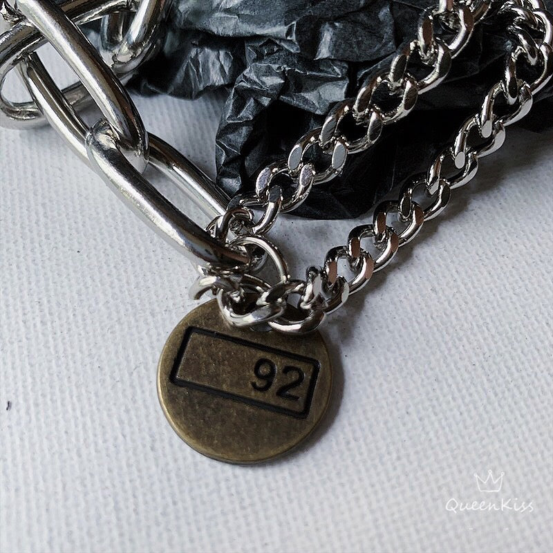 Funky Punk Stainless Steel Coin 92 Cool Double Chains Silver Bracelet -- Born in 1892!!
