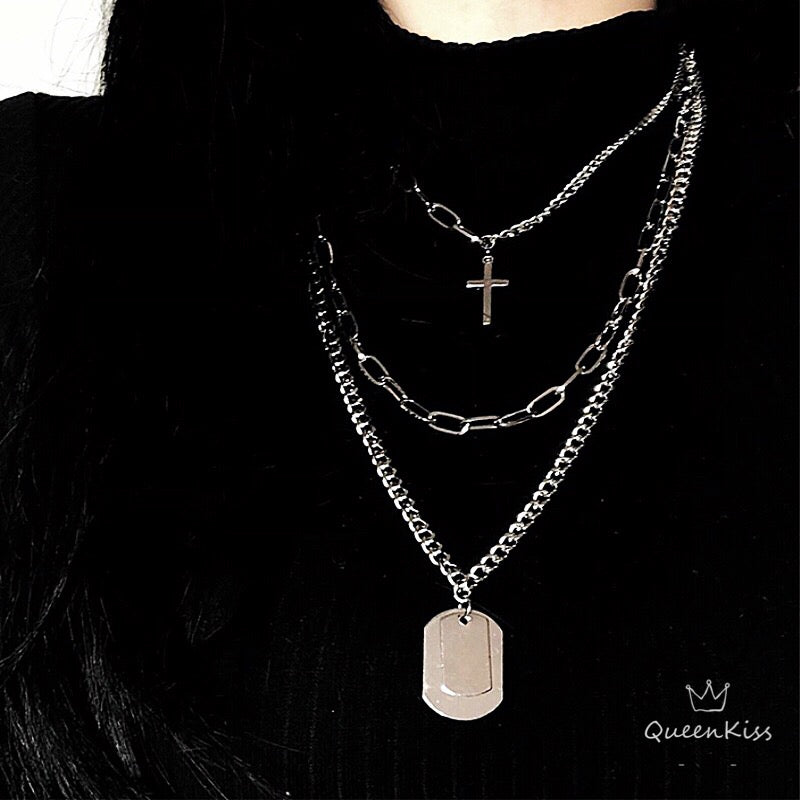Funky Punk Stainless Steel Cross Plain Cool Three Layers One Set Silver Necklace -- Be a man!!