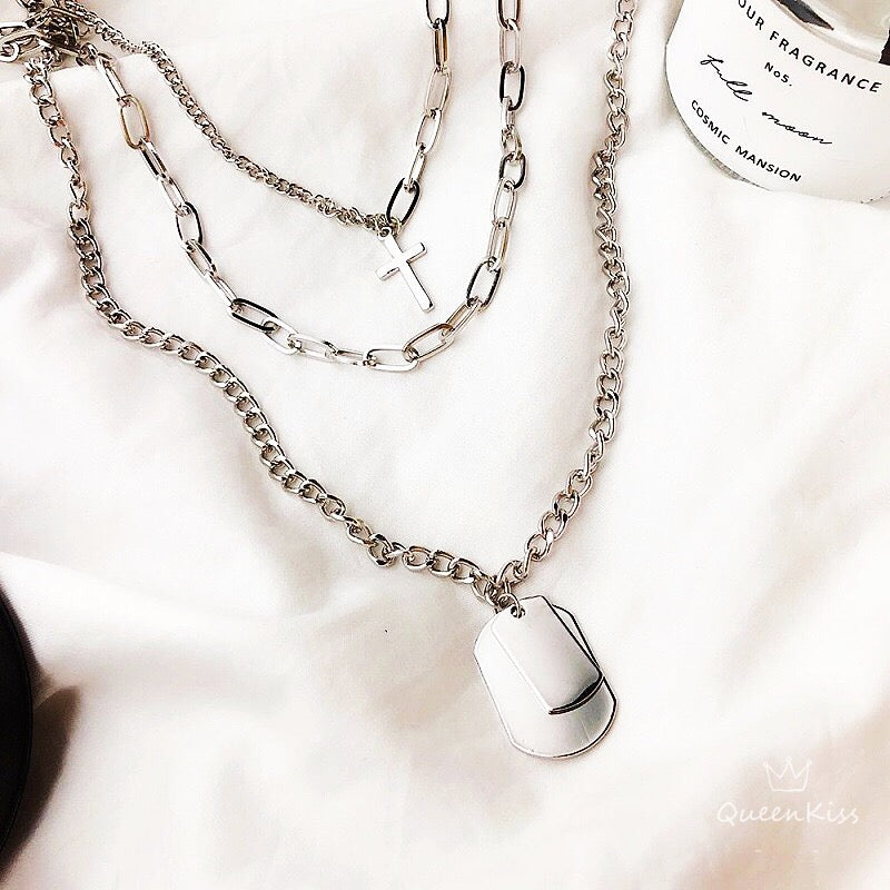 Funky Punk Stainless Steel Cross Plain Cool Three Layers One Set Silver Necklace -- Be a man!!