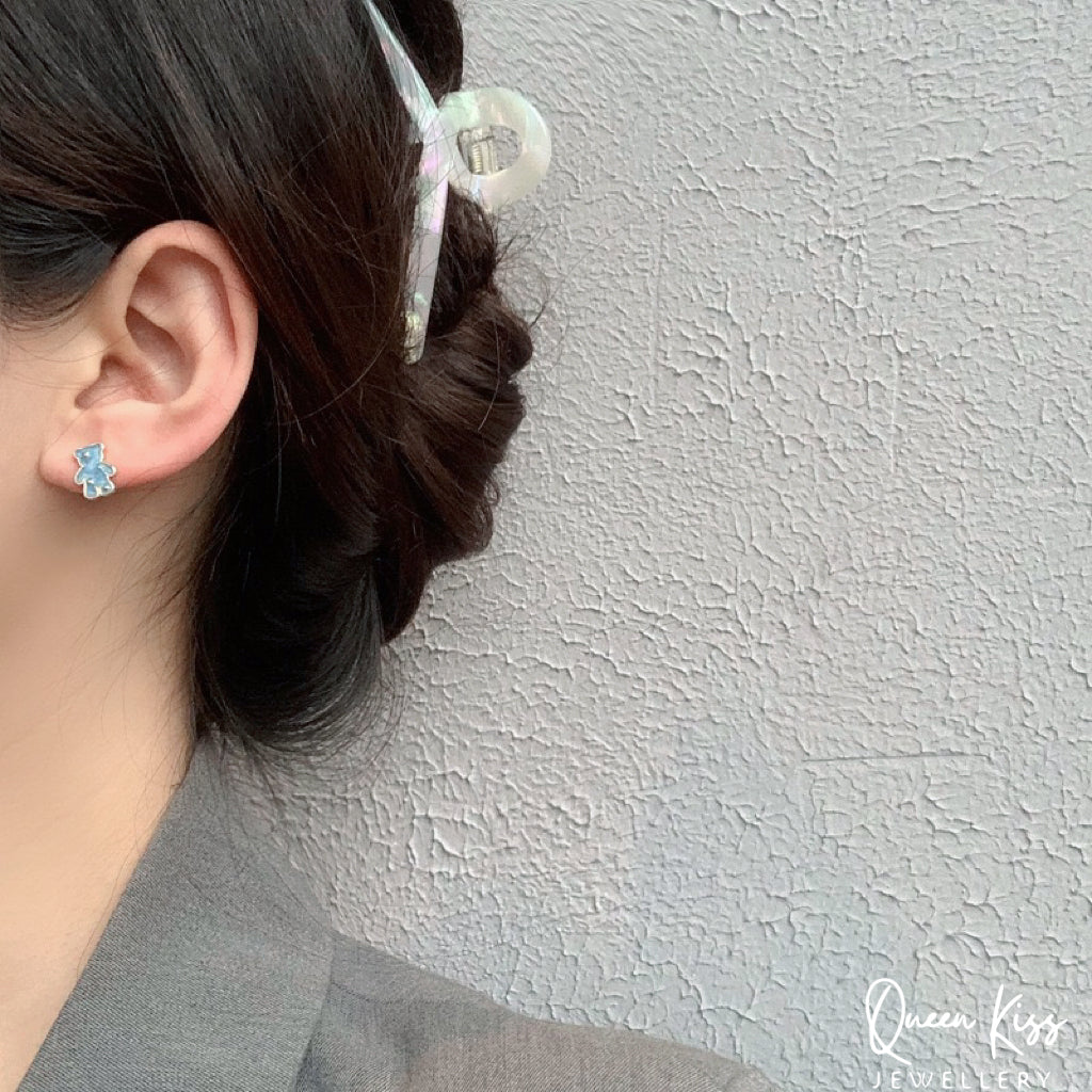 Sterling Silver 925 Stud Earrings Cute Blue Bear Star Stud Earrings Gift for her