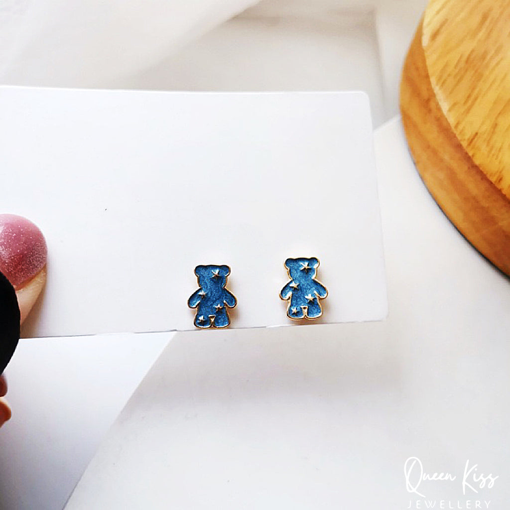 Sterling Silver 925 Stud Earrings Cute Blue Bear Star Stud Earrings Gift for her