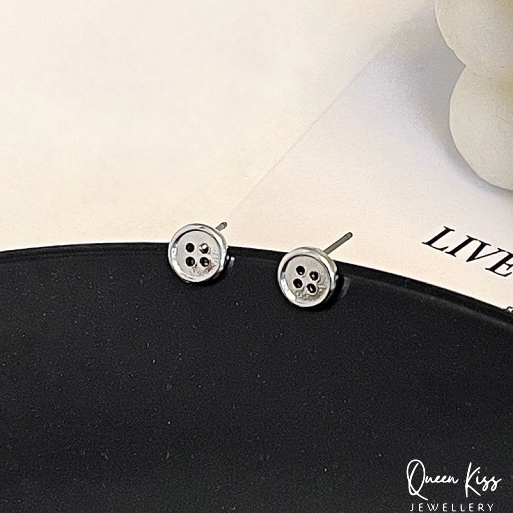 Cute Creative Button Pair of Earrings Silver stainless steel swoosh minimal studs For Man Woman Him Her- Button On!!!