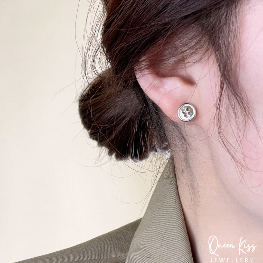 Cute Creative Button Pair of Earrings Silver stainless steel swoosh minimal studs For Man Woman Him Her- Button On!!!